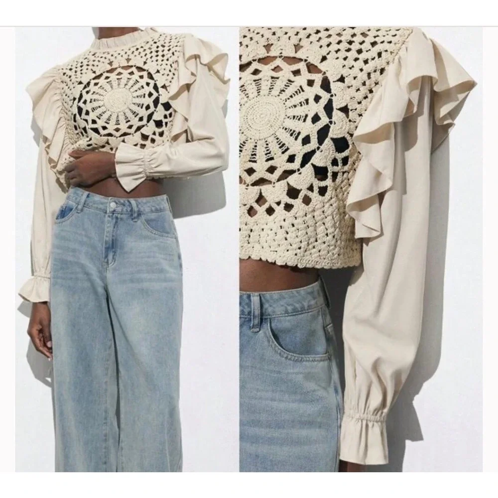 ZARA Crop Top Boho Prairie Crochet Ivory Cream Long‎ Sleeves Size Small